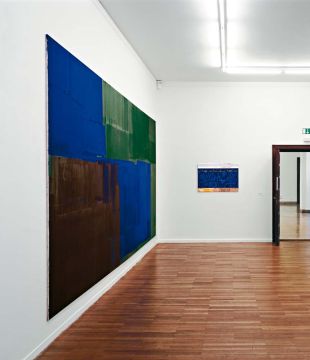 Soziale Fassaden u.a. &ndash; Farbe und Oberfl&auml;che in der Gegenwartskunst. St&auml;dtische Galerie im Lenbachhaus, M&uuml;nchen 2003: Ohne Titel, 2002/3. Acryl/Nessel, 270 x 560 cm. Sammlung KiCo